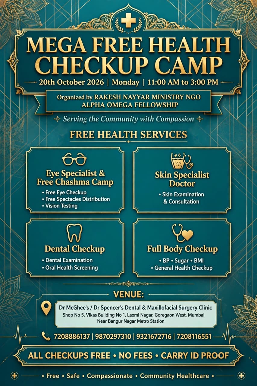 Event poster for the 20 October Dussehra Special Mega Free Health Checkup Camp, organized by Rakesh Nayyar Ministry NGO in association with Alpha Omega Fellowship